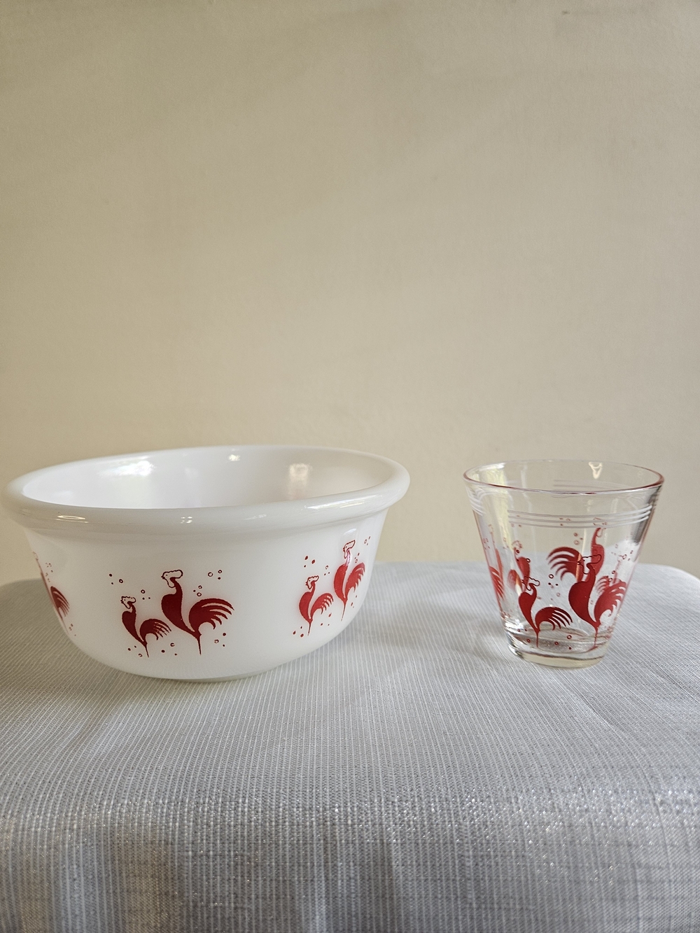 Hazel Atlas White Milk Glass Bowl and Clear Glass Tumbler In Red Rooster Pattern